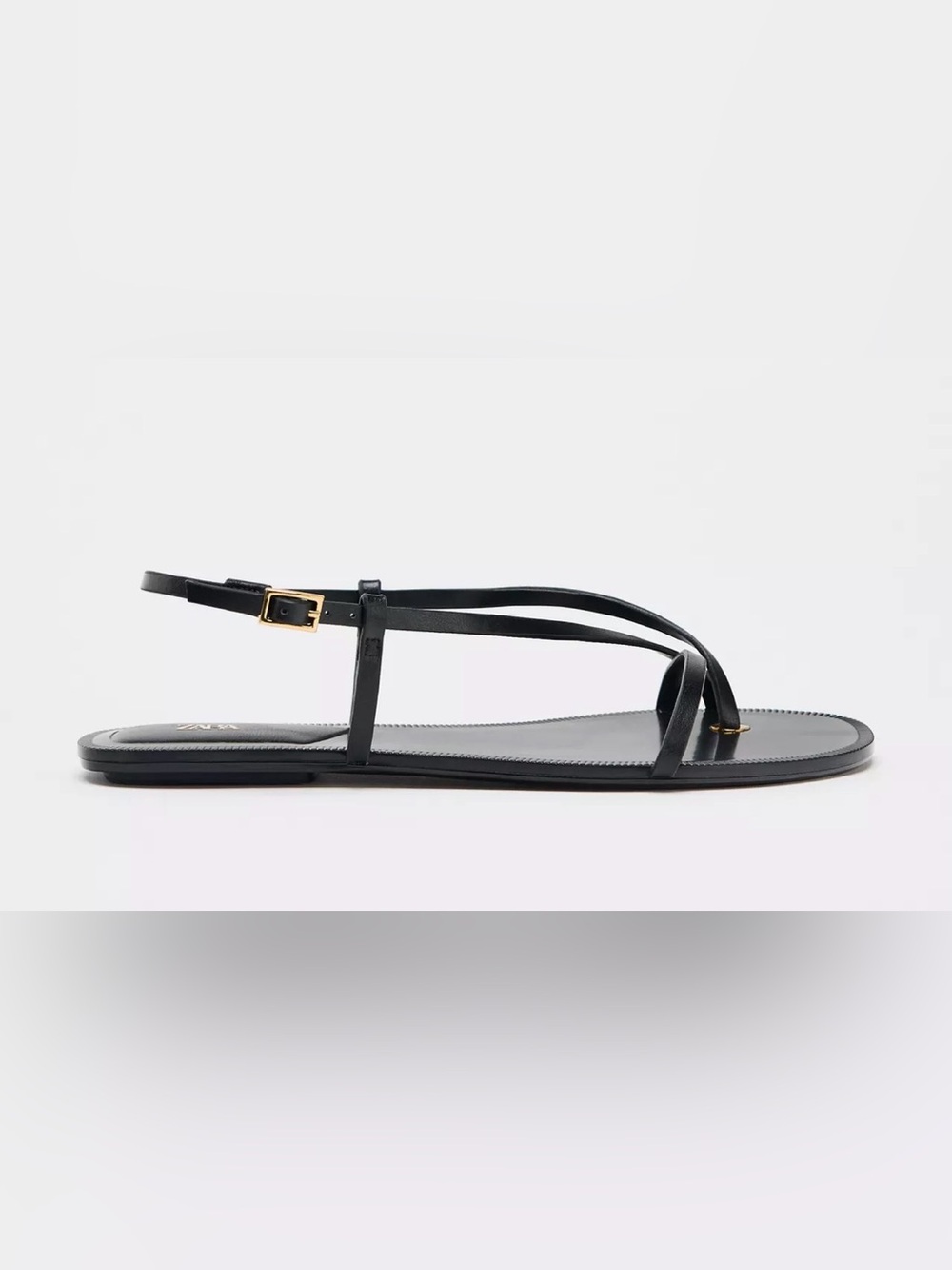 Zara Black Strappy Leather Flat Sandals with Gold Buckle